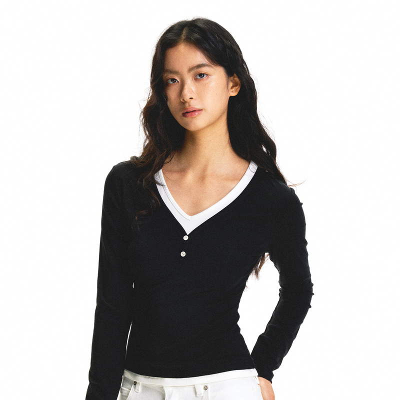 Understress Black Two-Piece Style Slim-Fit Casual Slimming Regular Fit Trendy Long-Sleeve T-Shirt