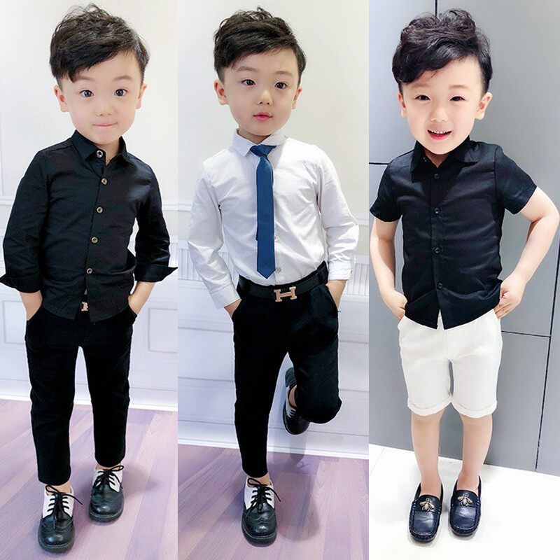 Boys Baby Boy Boy White Shirt Spring and Summer Children Black Shirt Boy Spring and Autumn Boy Small Sleeve Couple
