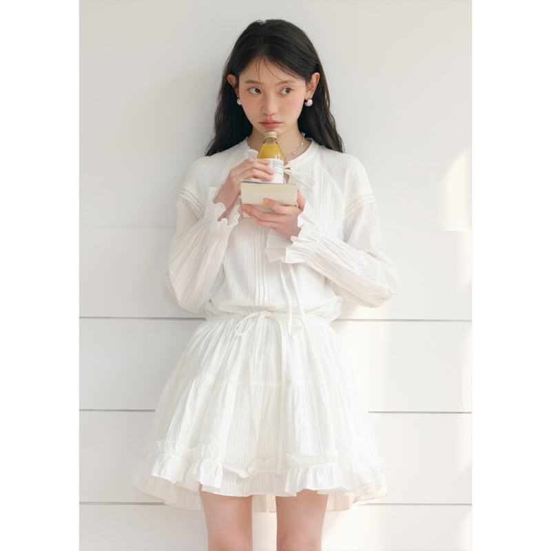Blueerror Waist-Cinching Lace V-Neck White Long-Sleeved Dress Pure Cotton Ruffled Skirt Early Autumn Long Skirt