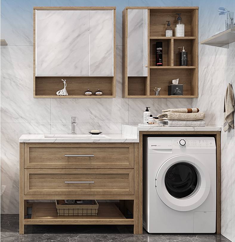 Bathroom Simple Bathroom Cabinet Combination Drum Washing Machine Cabinet Powder Room Washbasin Integrated Cabinet Marble Washbasin