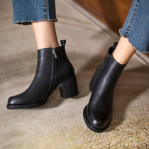 Luxury womens shoes British temperament ~ round head leather short boots female thick-soled Martin boots side zipper waterproof table thick heel