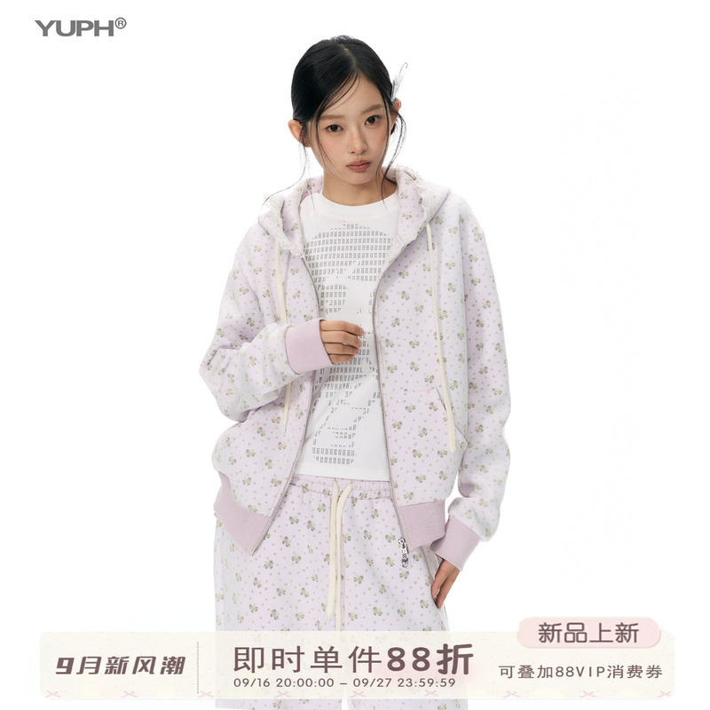 Yuph Original Pony All-Over Floral Purple Lazy Style Zip-Up Hoodie Jacket for Women, Sweet Style Versatile Yuph Original Pony All-Over Floral Purple Lazy Style Zip-Up Hoodie Jacket for Women, Sweet Style Versatile