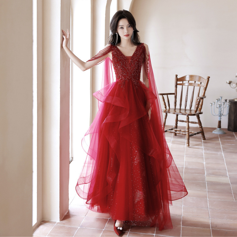 Red Evening Dress for Women, Super Fairy-Like Light Gauze Spring and Summer V-Neck Toast Dress, 2026 New Style Bride Toast Dress Wedding Dress Red Evening Dress for Women, Super Fairy-Like Light Gauze Spring and Summer V-Neck Toast Dress, 2026 New Style Bride Toast Dress Wedding Dress