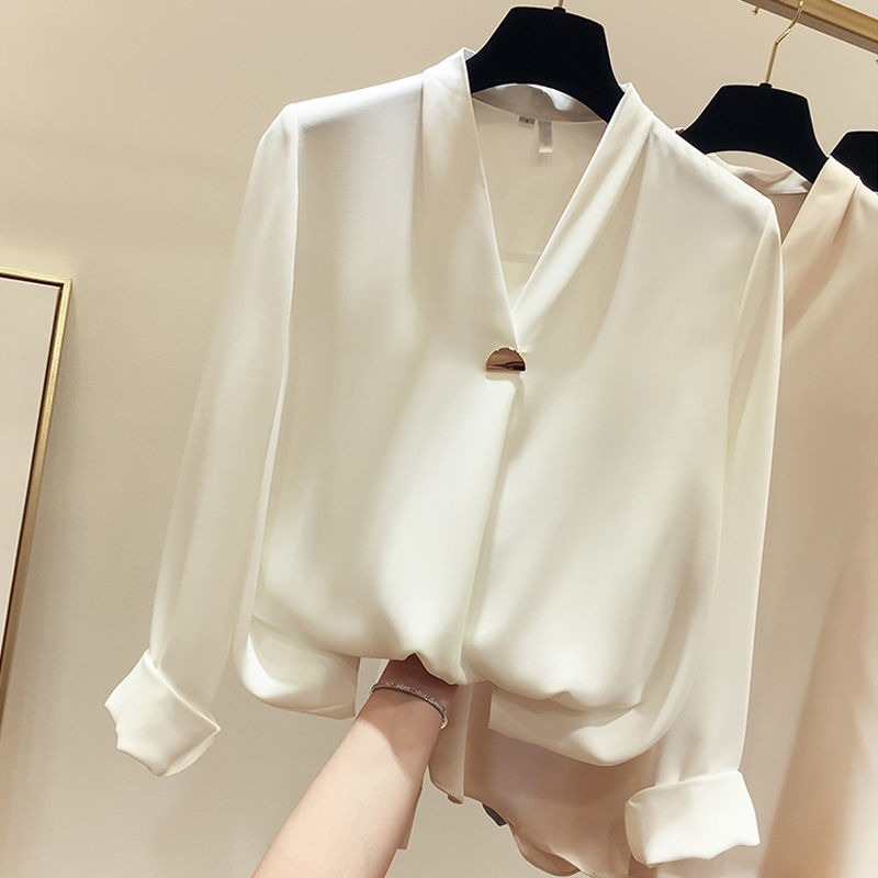 2021 Spring, Autumn and Summer New Style White Shirt, Elegant and Slimming V-Neck Long Sleeve Loose Solid Color Top for Women, Super Fairy-Like Blouse