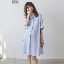 Pregnant Woman Lian Dress Summer Medium Long Fashion Shirt Skirt Loose Pregnant Woman Dress 100 Hitch Age Striped Pure Cotton Display Slim Fit