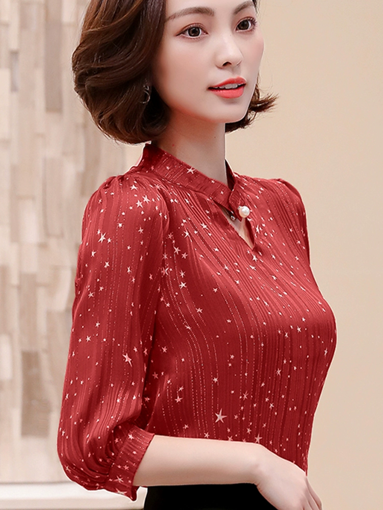 Mùa hè mới của phụ nữ mùa hè năm 2021 áo sơ mi voan phương tây của phụ nữ ngắn tay mùa hè váy ba phần tư tay áo ren là rất cổ tích hàng đầu - Áo sơ mi chiffon ren