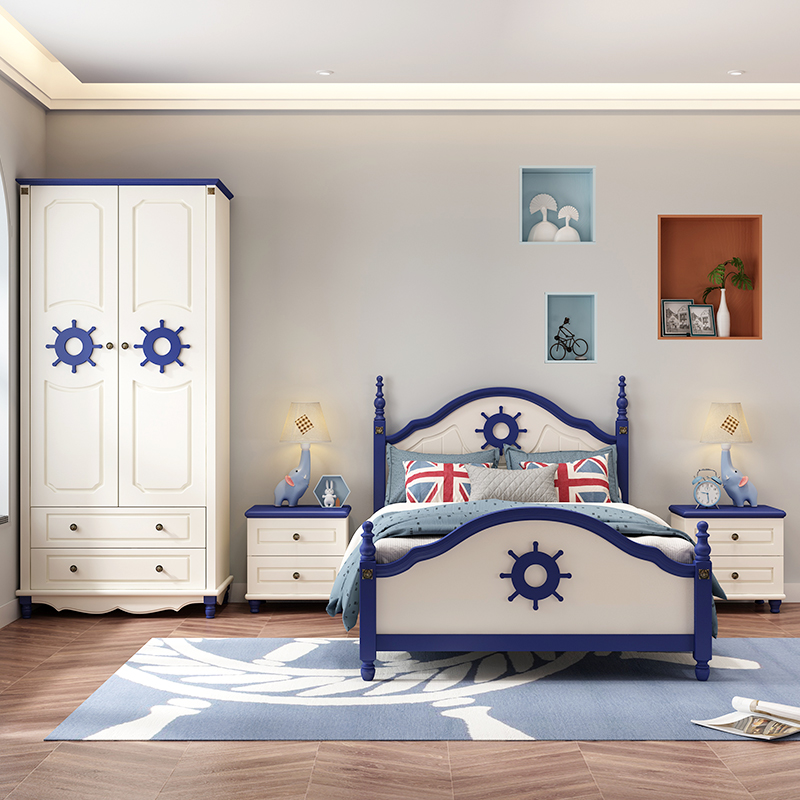Mediterranean Style Children's House Solid Wood Furniture Boy Bedroom Blue Children's Bed & Wardrobe Desk Composition Suit