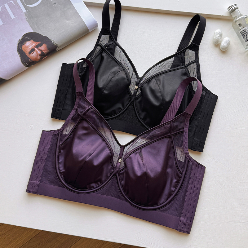 Sexy Satin Seamless Underwear for Women with Large Busts, Thin Style, Side Breast Reduction, Anti-Sagging, Adjustable Soft Underwire Bra