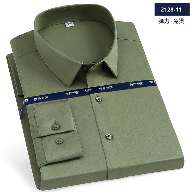 Military Green Anti-Wrinkle Long-Sleeve Shirt for Men, Formal Casual Base Shirt, Men's Silky Material Seamless Shirt with Drape Effect