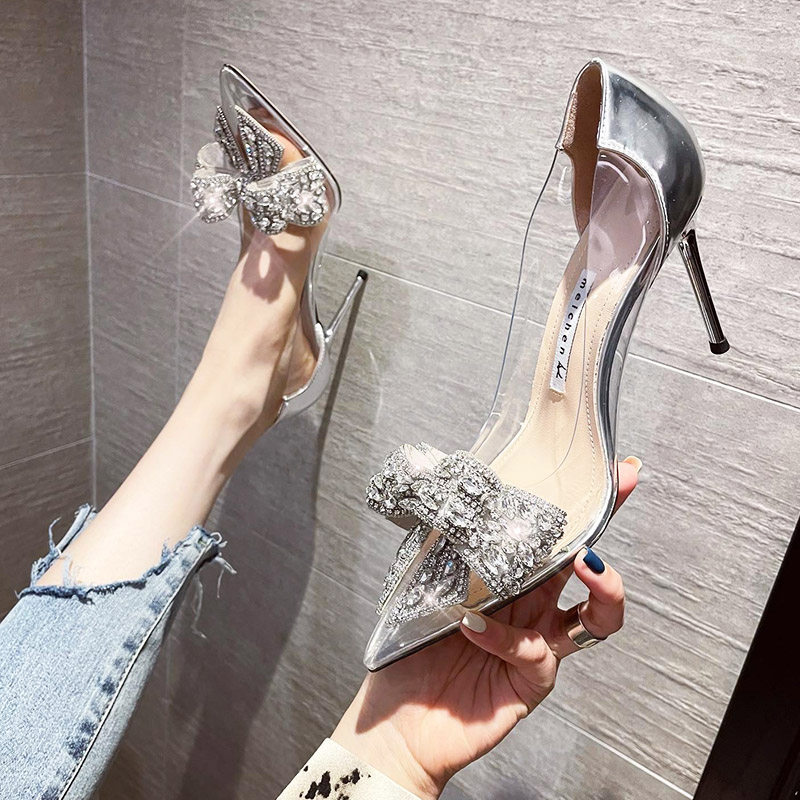 2022 Spring summer new high heels Girls fine heel Custard Crystal Water Drill Butterfly Knot Bridal Shoes Single Shoes