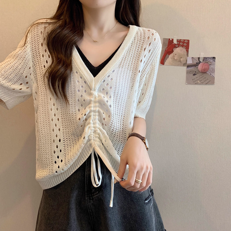 2025 Summer New Style Fake Two-Piece Top for Women, Drawstring Short Fashionable Blouse, Slimming Hollow Short-Sleeve Cool T-Shirt 2025 Summer New Style Fake Two-Piece Top for Women, Drawstring Short Fashionable Blouse, Slimming Hollow Short-Sleeve Cool T-Shirt