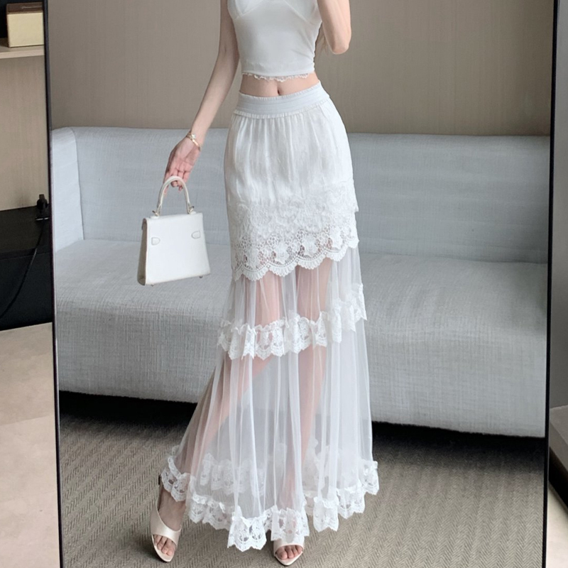 Lace Mesh Patchwork Skirt for Women, Summer Thin Elastic High-Waisted A-Line Skirt with a Stylish Mesh Bodycon Long Skirt