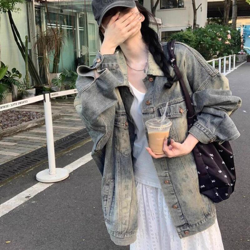 High Street American Retro Washed Distressed Denim Jacket for Women, Spring and Autumn, Loose Oversize Mid-Length Jacket Top