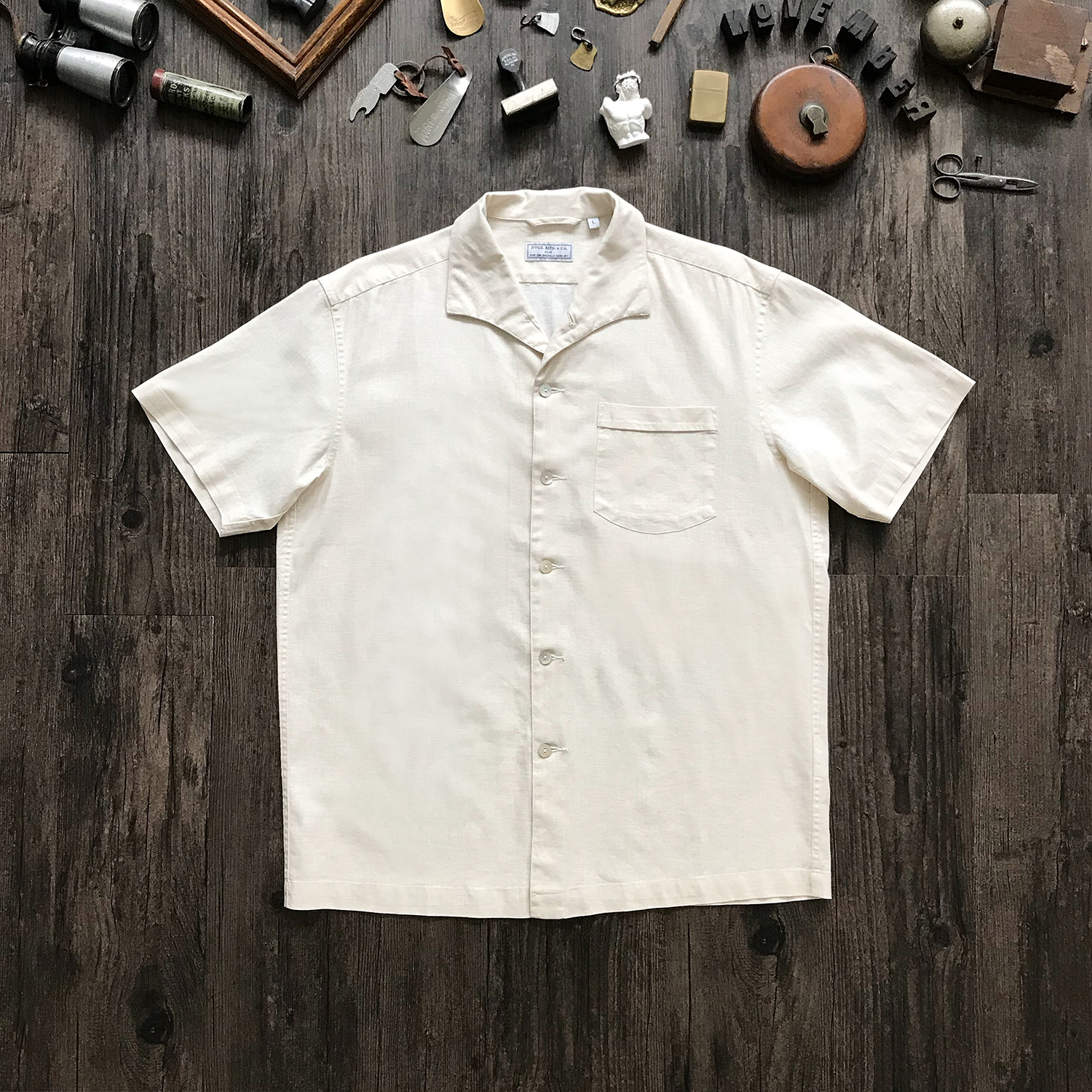 NVGS 1950s Italian Collar Shirt Cream White Linen Simple Hawaiian Shirt Retro