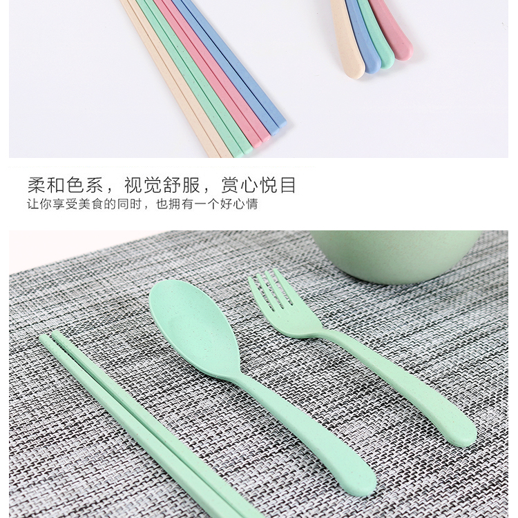9,9 Gói Bộ đồ ăn cầm tay Ba mảnh Rơm lúa mì Du lịch Trẻ em Đũa Muỗng Bộ quà tặng - Đồ ăn tối khay đựng thức ăn