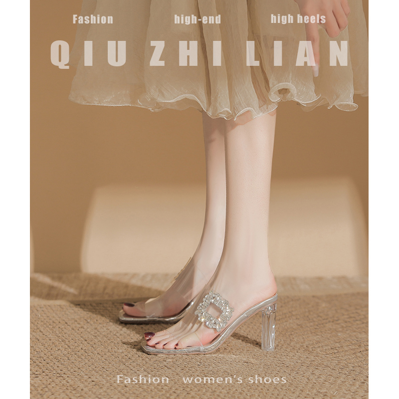 Crystal Transparent Chunky High Heels for Women with Wide Feet, Large Sizes 41-43, Sexy French-Style Rhinestone Sandals, Silver Sandals