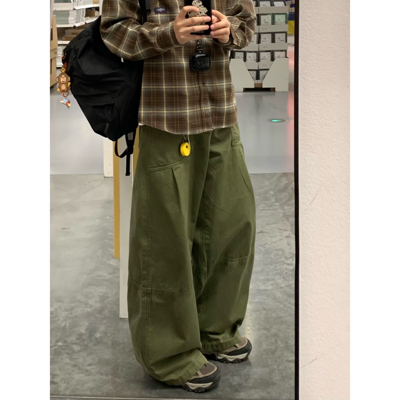 Yuy Shop Retro Distressed Baggy Army Green Wide-Leg Cargo Pants Men's Loose Straight Casual Trousers