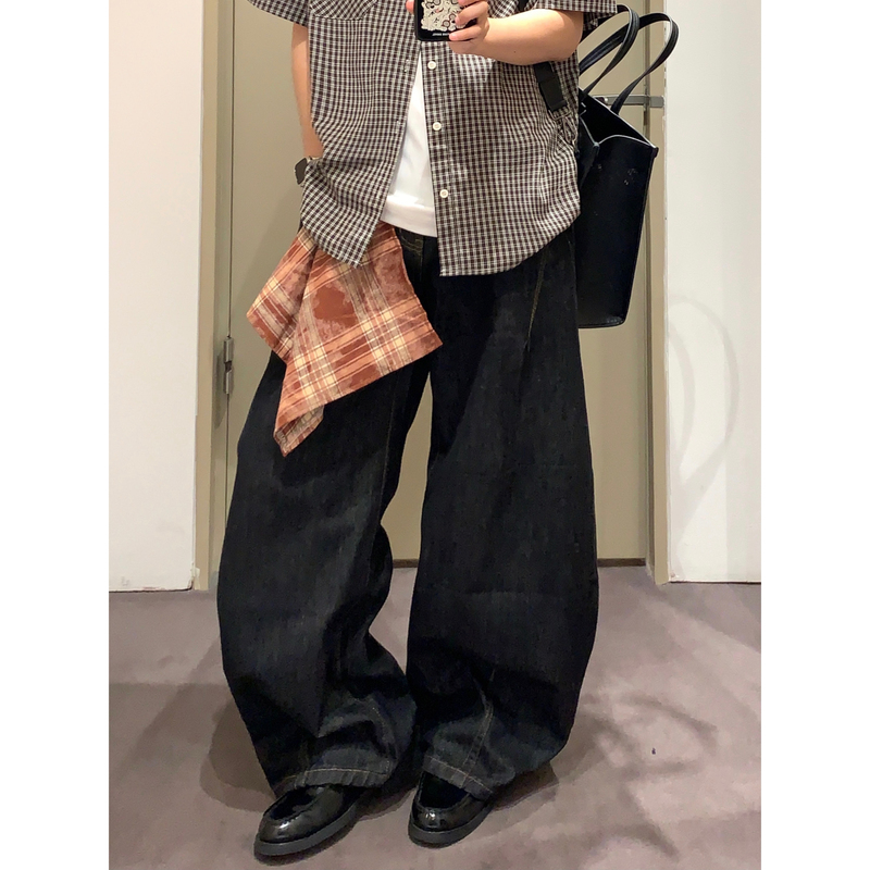 Yuy Shop Black Raw Denim Silhouette Jeans with Detachable Square Scarf, Original Color Scimitar Jeans, Unisex Style