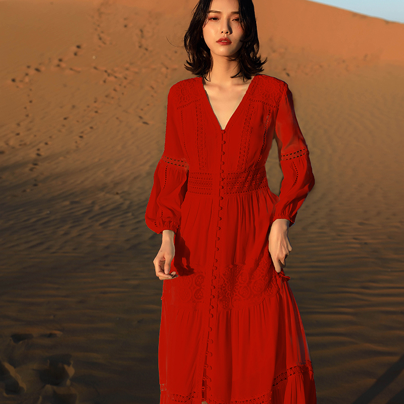 Tibet Chaka Salt Lake Seaside Vacation Xinjiang Red Tourism Beach Dress Qinghai Lake Lijiang Slimming Desert Long Dress