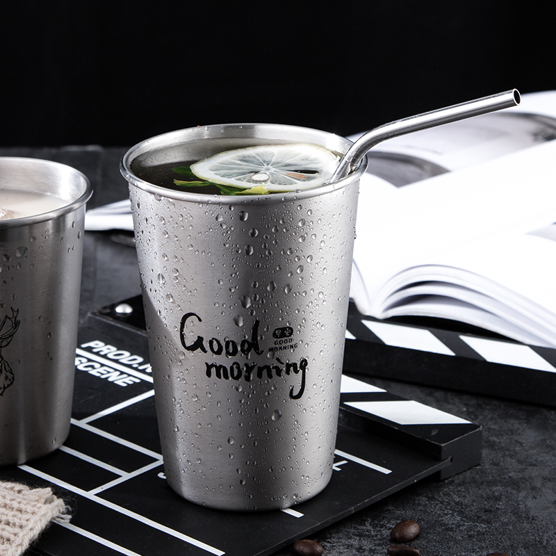 304 stainless steel water cup household beer cup with lid straw cup anti-fall tea cup simple cup net red milk tea cup