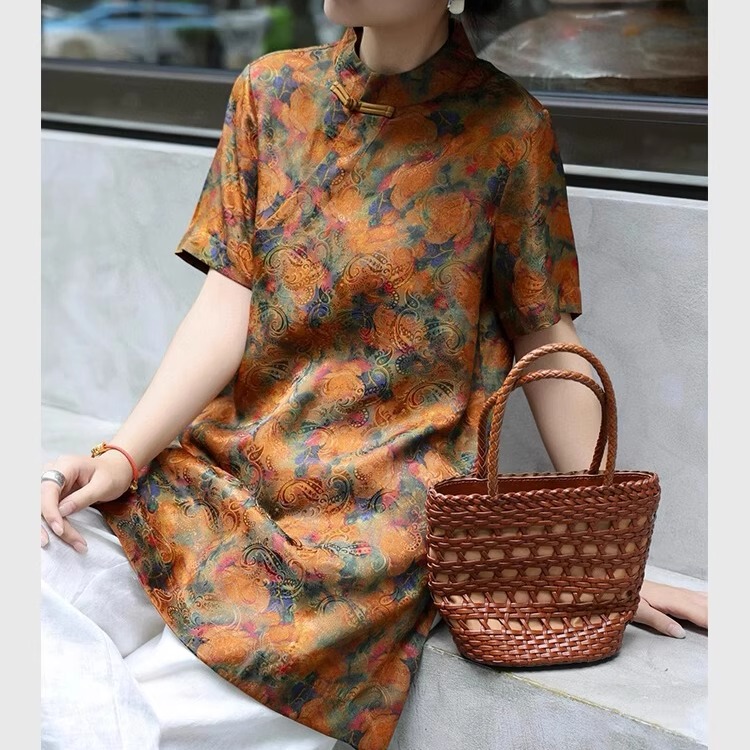 New Chinoiserie National Style Orange Jacquard Short-Sleeved Satin Shirt for Women Summer Mid-Length Fashion Versatile Improved Tang Suit New Chinoiserie National Style Orange Jacquard Short-Sleeved Satin Shirt for Women Summer Mid-Length Fashion Versatile Improved Tang Suit