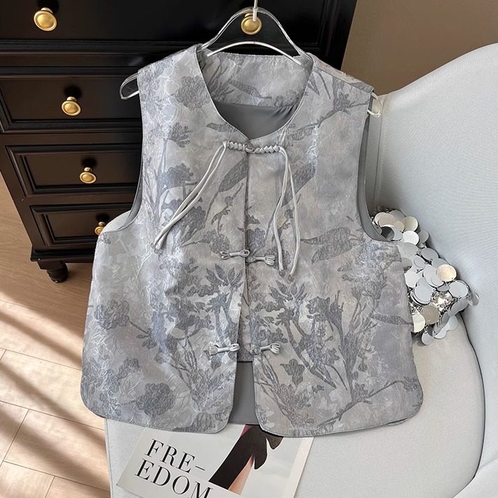 New Chinese style national style high-end buckle embossed jacquard silk satin vest for outer wear, slimming and flesh-covering women's vest top