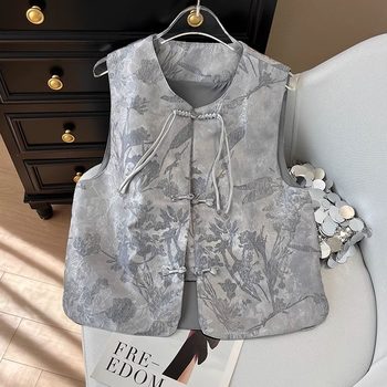 New chinese style national style high-end buckle embossed jacquard silk satin vest for outer wear, slimming and flesh-covering women's vest top