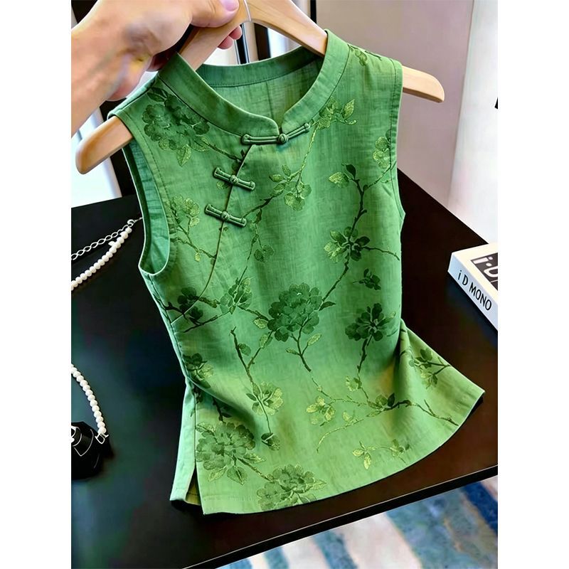 New Chinese-Style Green Floral Print Sleeveless Vest with Retro Stand Collar, Diagonal Placket, Button Closure, Waist-Cinching, Slimming, and Traditional Chinese Style