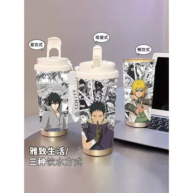 Naruto Sasuke Madara Obito Stainless Steel Cartoon Thermos Cup with Strap Portable Large Capacity Student Gift