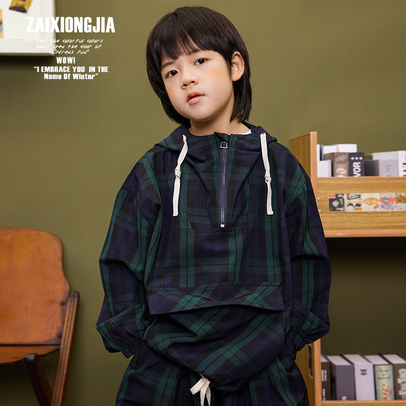 Z A I X O N G J A WATCH GREEN PLAID EVEN HAT SPORTSWEAR LONG PANTS SUIT SPRING AUTUMN EARLY SUMMER CHILD CLOTHES BOY BLOUSE