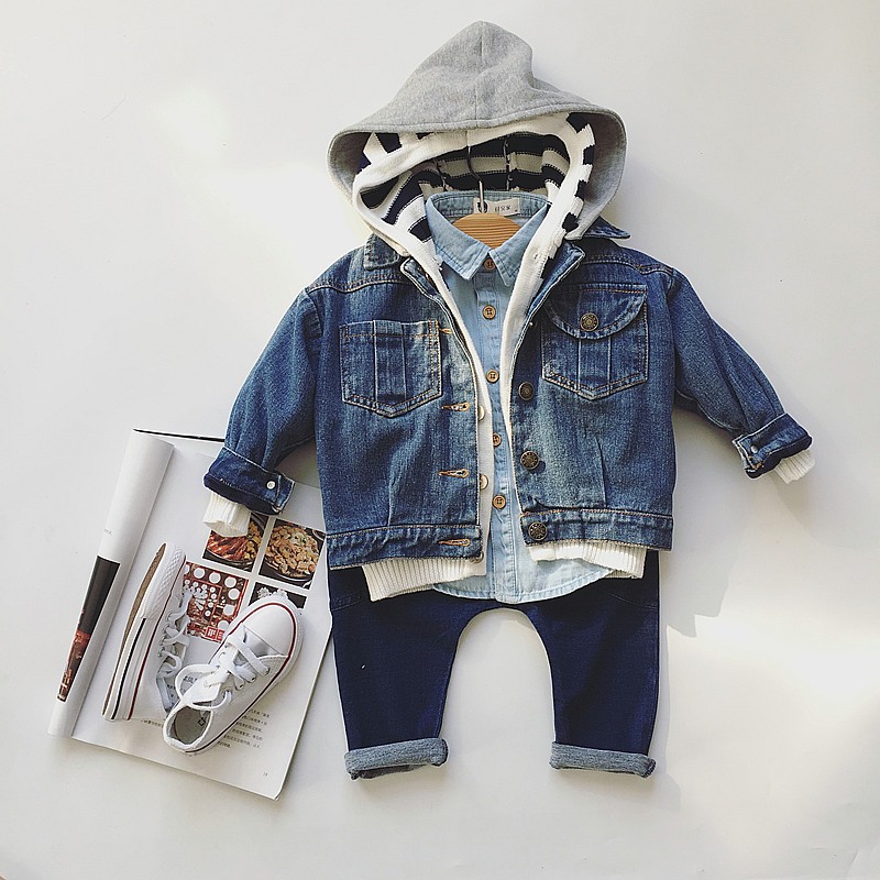 Baby boy in male and female children thin suede with cap detachable soft denim jacket blouse single row of pure color baby boy