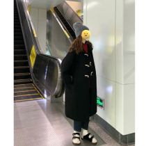 Black horn button woolen coat womens 2022 new Hepburn style woolen coat explosion style small high-end sense