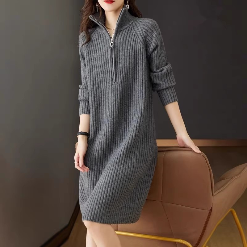 2023 New Autumn and Winter Knitted Dress for Women, Mid-Length, Half-Zip, Loose, Casual, Long-Sleeved Coat with Sweater Underneath 2023 New Autumn and Winter Knitted Dress for Women, Mid-Length, Half-Zip, Loose, Casual, Long-Sleeved Coat with Sweater Underneath