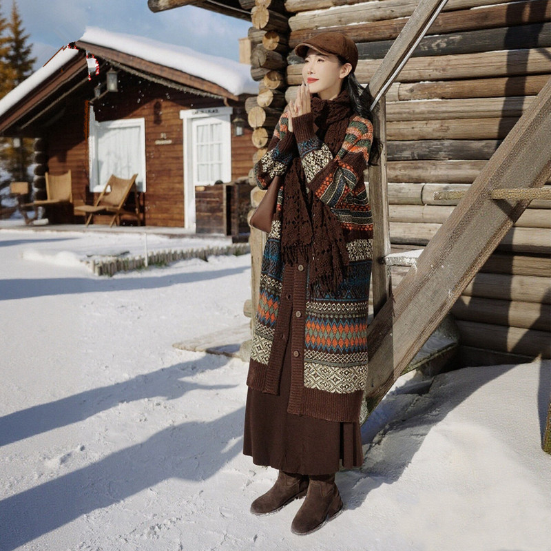 2026 Autumn and Winter New Vintage Thick Knitted Long Cardigan Coat Fashionable Plus Size Women's Stylish Sweater