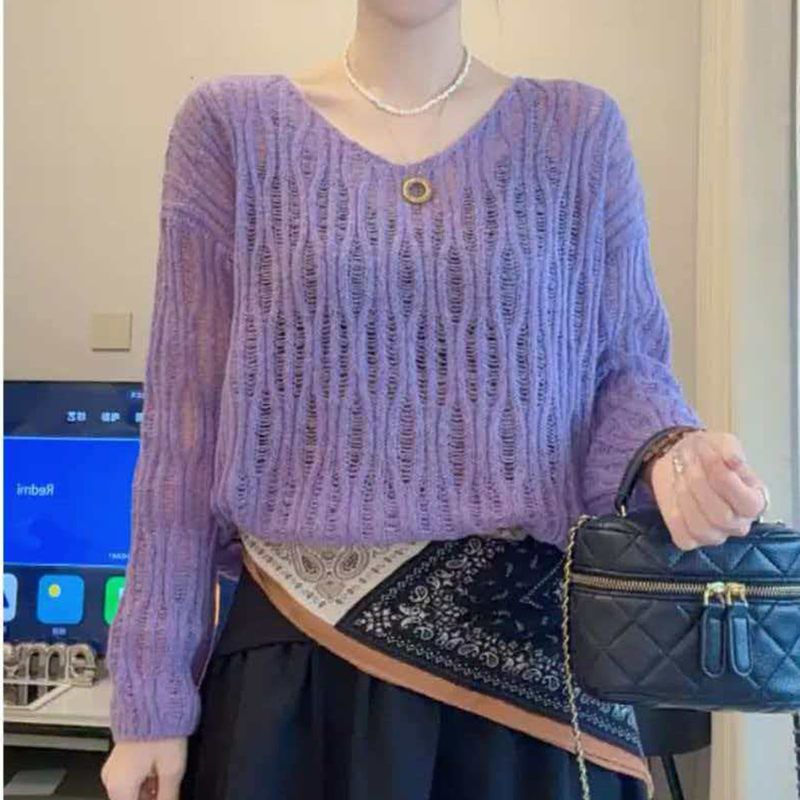Versatile and Stylish Purple Hollow-Out Crochet Knit Sweater for Women, New Spring/Autumn Style, Loose Fit, Versatile, Lazy Style, Thin Sweater