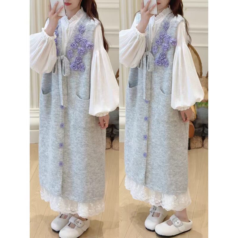 Autumn and Winter New Versatile Loose-Fitting Korean-Style Design Knitted Vest Dress, Over-The-Knee Long Knitted Sweater Vest Dress