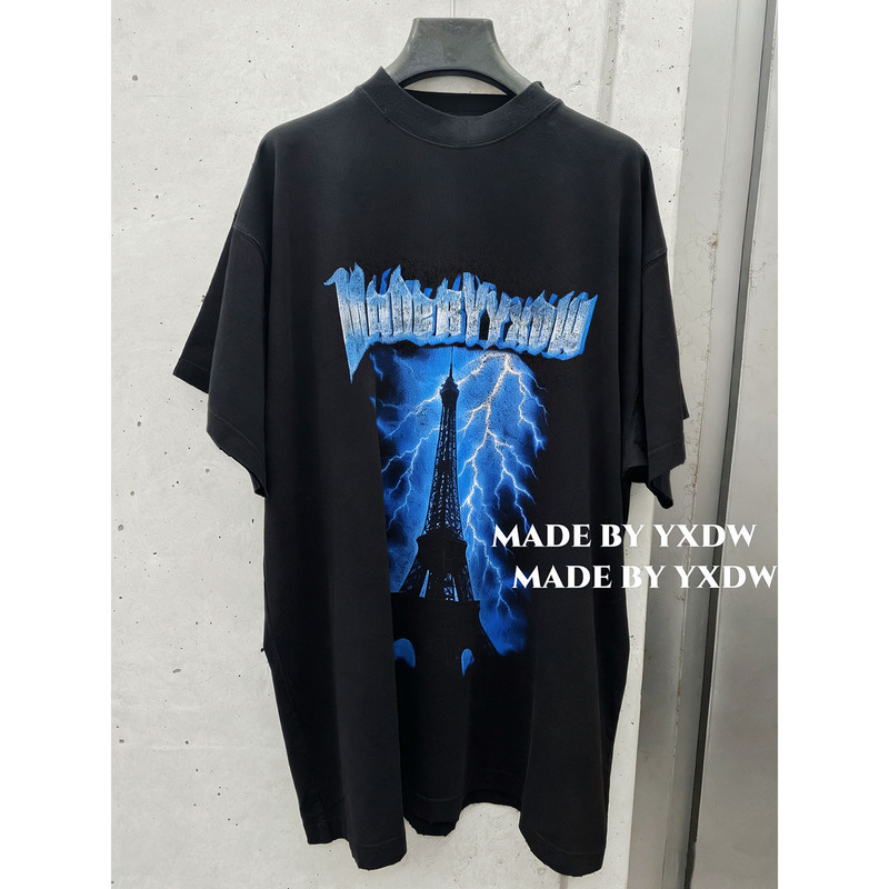 7000 Version, Unchanged, Blue Cracked Lightning Iron Tower Silhouette Oversized Short-Sleeve T-Shirt, Paris Night Animals