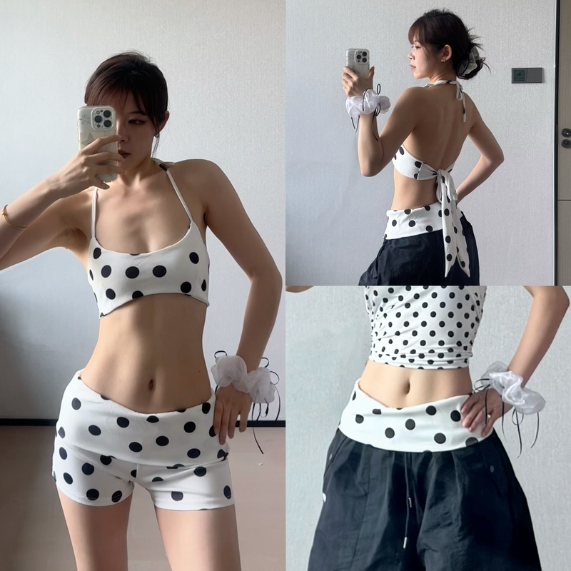 Mqqm Polka Dot Waist-Cinching Yoga Pants Jazz Layered Dance Waist Chain Butt Cover Bikini Underwear Shorts Sports