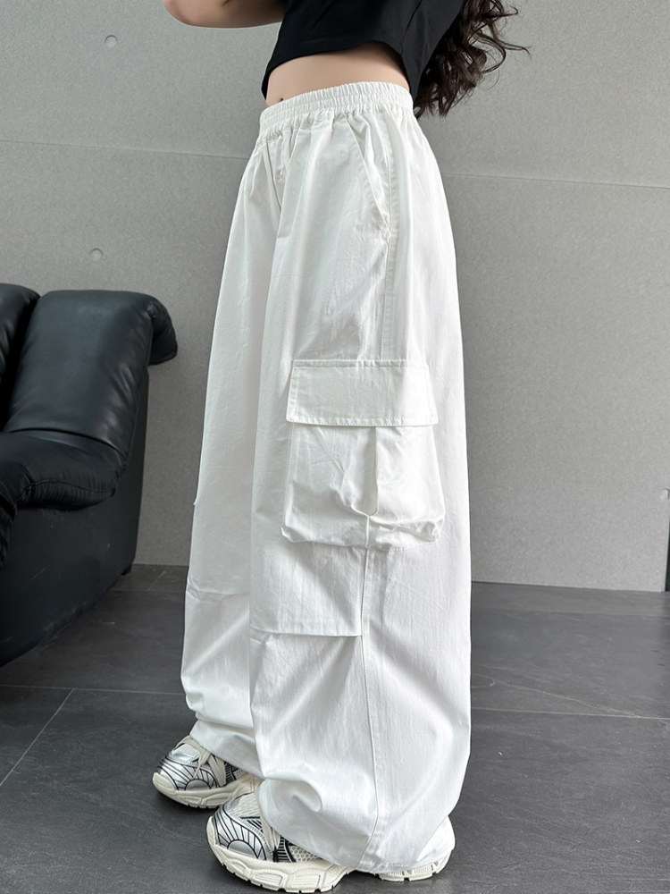 Girls' Overalls / Jumpsuit Summer Casual Pants, Trendy Washed Cotton Wide-Leg Pants for Kids, Loose-Fit Trousers for Older Children, Streetwear Brand Style