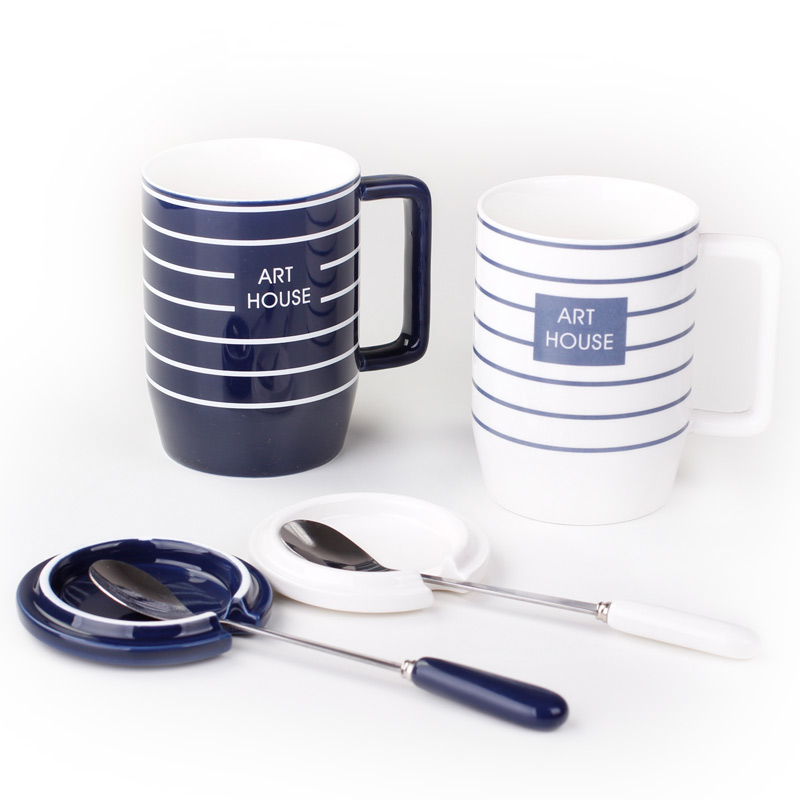 Original Flavourism Mark Cup Ceramic Tea Cup Lovers Water Mug Large with lid with spoon Office Cup Creative Stripes
