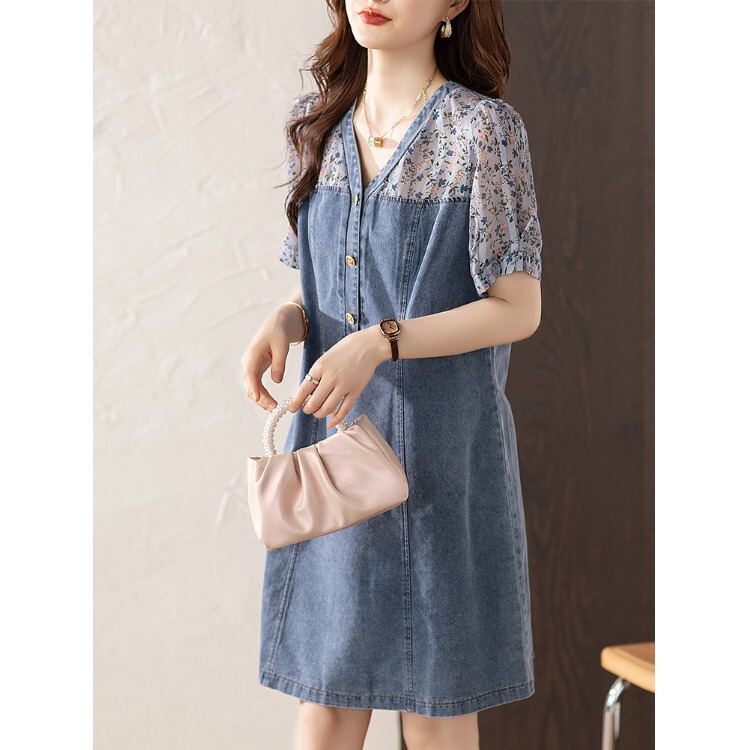 September Momo French-Style Patchwork Floral Dress 2025 Summer New Slim-Fit Waist-Cinching Elegant Thin Denim Dress