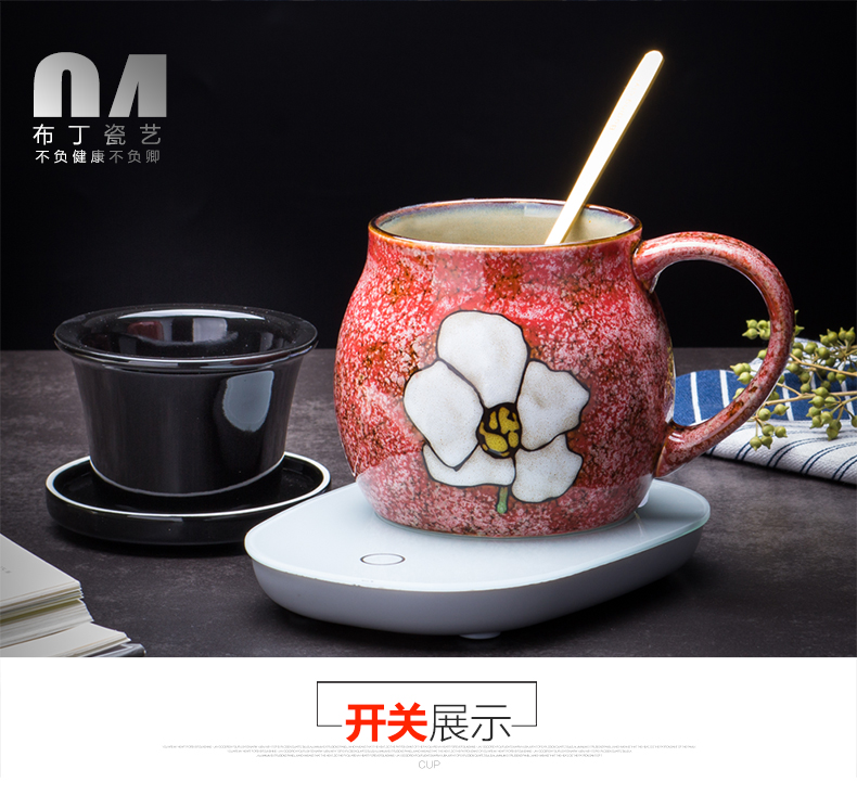 Creative Japanese 55 degrees warm temperature retro hand - made ceramic keller of tea cup with cover large capacity water glass