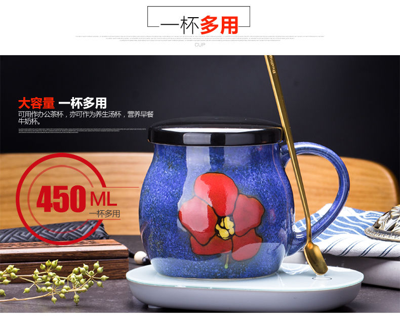 Creative Japanese 55 degrees warm temperature retro hand - made ceramic keller of tea cup with cover large capacity water glass