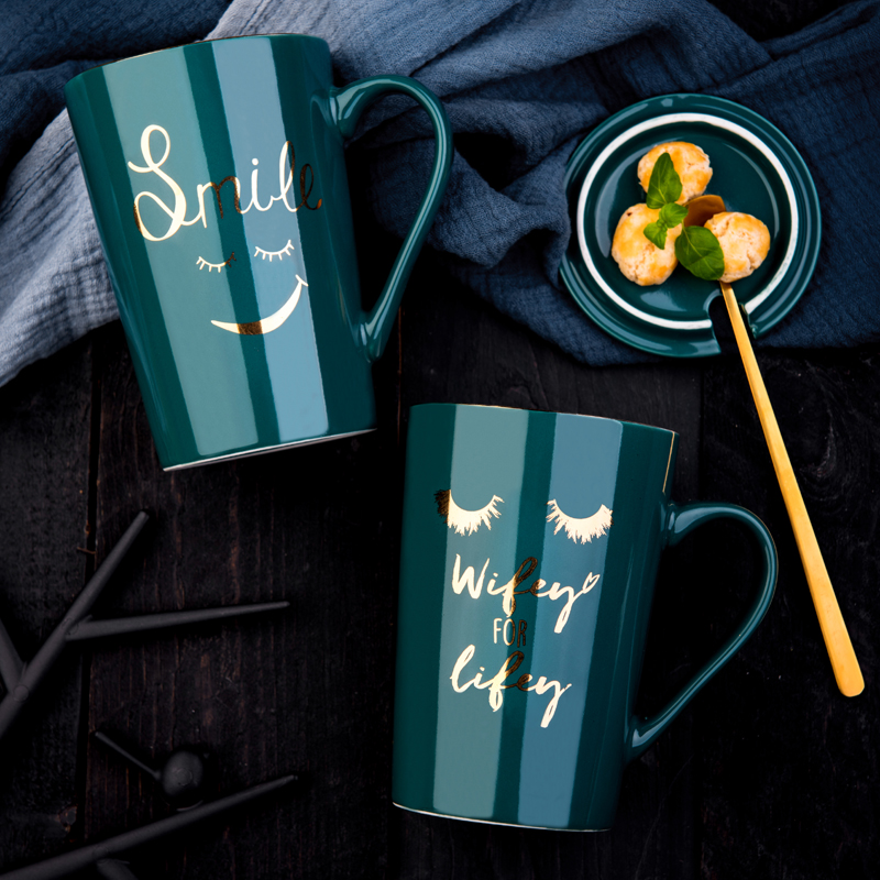 Creative European household ceramic cup mark cup with cover spoon coffee cup move trend couples glass gift boxes