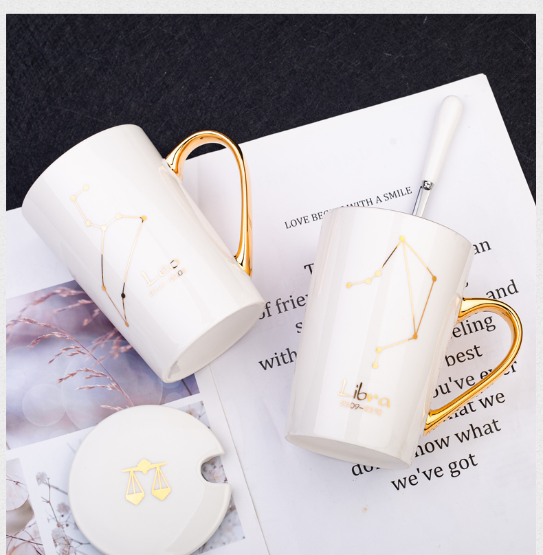 Creative constellation glass ceramic cup couples contracted mark cup coffee cup with cover spoon move can be a pair of cups