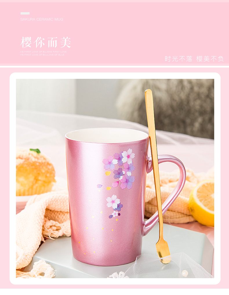 Japanese creative cherry blossom put ceramic cup keller cup express female students with cover spoon coffee cup