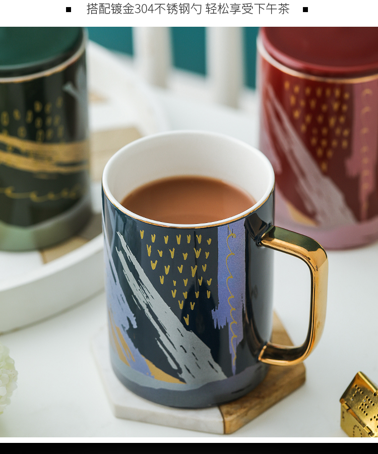 Creative household ceramic cup Europe type ins wind move with cover teaspoons of male and female students glass mugs of coffee cup