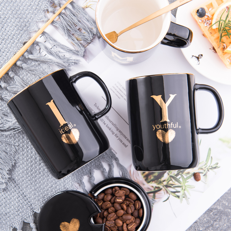 Move ceramic cup creative surname fingerprint mark cup coffee cup with cover glass office cup spoon couples
