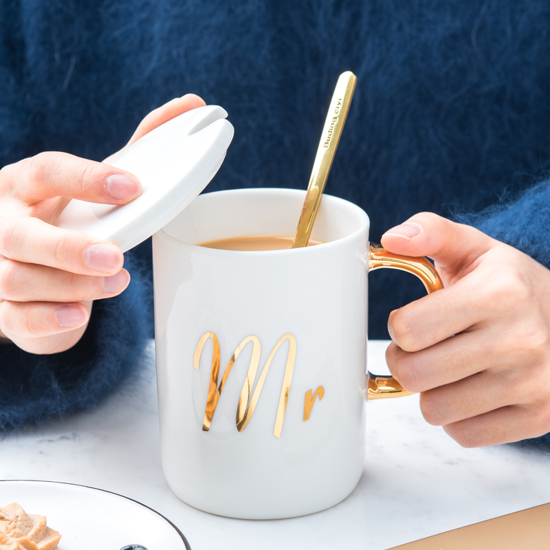 Creative picking cups contracted mark cup coffee cup with cover spoon move home office high - capacity ceramic cup