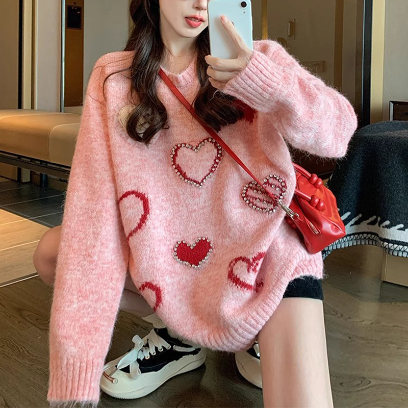 Plus Size 100kg Lazy Style Heart Knit Sweater for Women, Autumn and Winter Loose Fit, Slimming and Body-Covering Top